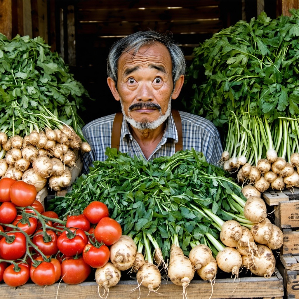 Illustrating somebody who is overwhelmed by a lot of vegetables harvested subtle facial expression-2